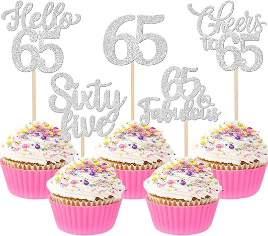 30PCS Happy 65th Birthday Cupcake Toppers Glitter Hello 65 Fabulous Sixty Five Cheers to 65 Years Old Birthday Cupcake Picks for Happy 65th Birthday Anniversary Party Cake Decorations Supplies Silver