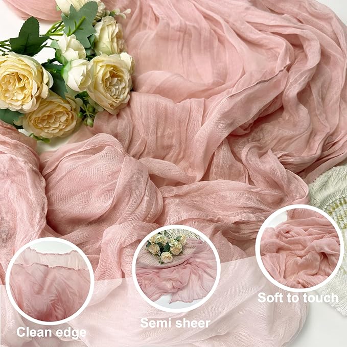 Booque Valley 6 Pack Dusty Pink Cheesecloth Table Runner 10ft Super Soft Boho Wrinkled Gauze Sheer Cloth for Baby Shower Baptism Birthday Party Wedding Centerpiece Table Decoration, 35x120 Inch