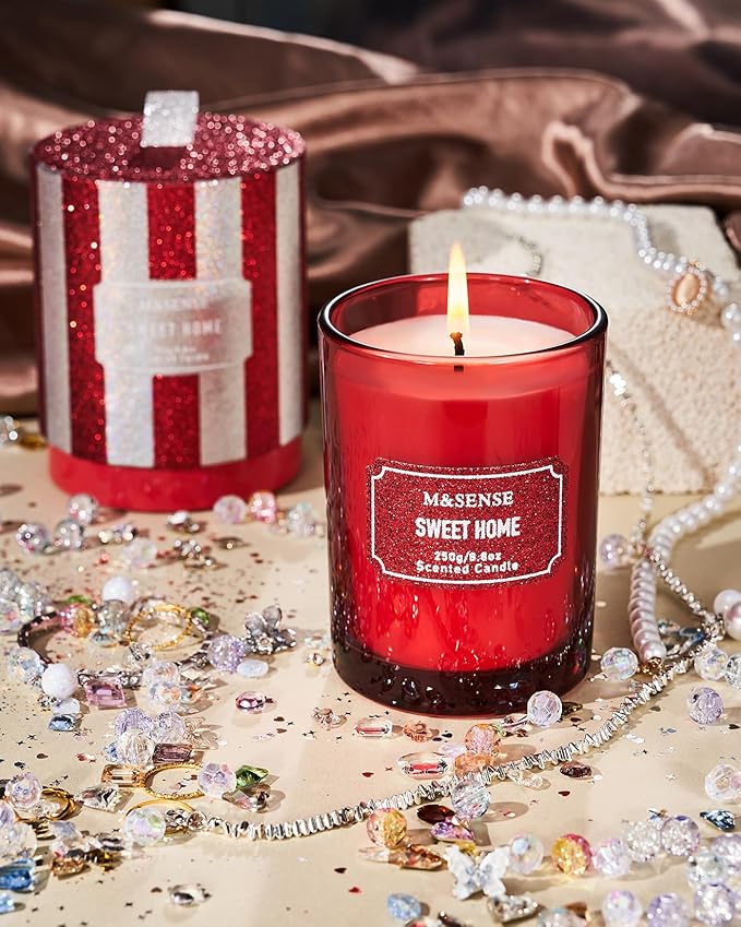 M&SENSE Cinnamon Apple Scented Candles, Christmas Candle 8.8 oz Glitter Jar Candles, Holiday Candles Gifts for Women, Strong Scented Natural Soy Candle for Winter Home Decor, 50 Hours Long Burning