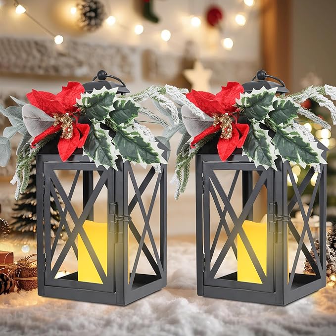 Christmas Lanterns Decorative Indoor, 2 Pack Christmas Lantern Outdoor, 12 Inch Decorative Candle Lanterns Flameless Light with Floral and Greenery for Table Centerpieces,Home, Porch Decor