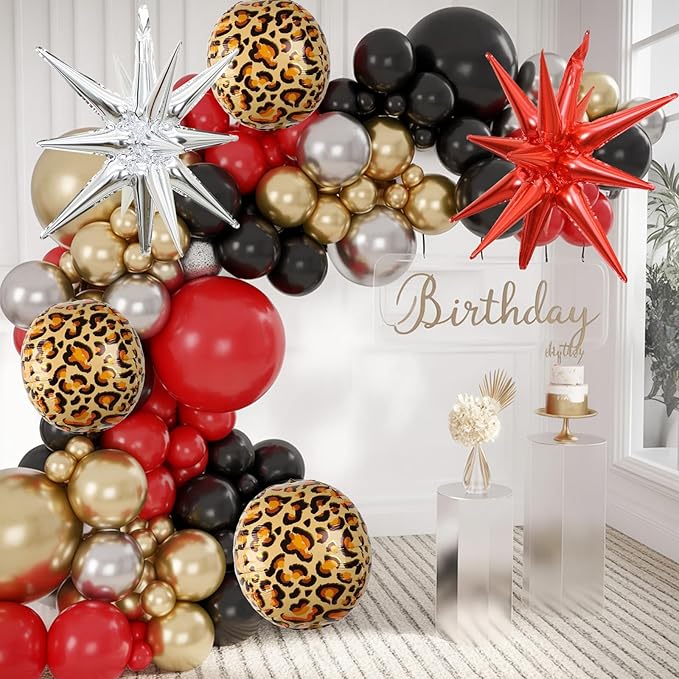 Red Black Gold Balloon Arch Garland Kit Leopard Cheetah Print Party Balloons Black Red Metallic Silver Gold Explosion Star Balloon for Girl Night Bachelorette New Year Casino Birthday Party Decoration