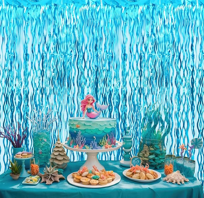 GOER 3.2 ft x 6.5 ft Metallic Tinsel Foil Fringe Curtains Party Photo Backdrop Party Streamers for Birthday,Graduation,New Year Eve Decorations Wedding Decor (1 Pack,Wavy Light Blue)