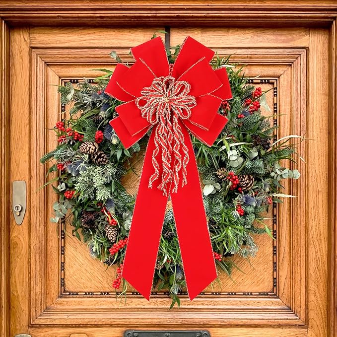Super Holiday 2 Pack Red Christmas Bows, 20”x10.5” Large Velvet Christmas Tree Topper Ornaments for Xmas Tree Decorations, for Home Front Door Wreath Bow Indoor Outdoor Party Decor.