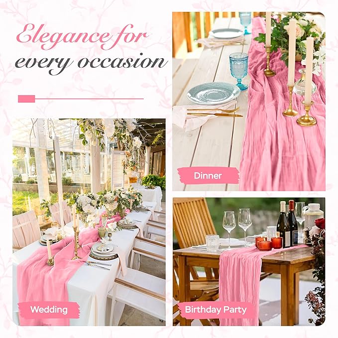Cheesecloth Table Runner 3 Pack – 35x120 Inch (10ft) Boho Rustic Gauze Cloth Runners – Crinkle Polyester Table Decor for Wedding, Baby Shower, Bridal Shower, Birthday Party and More (Pink)