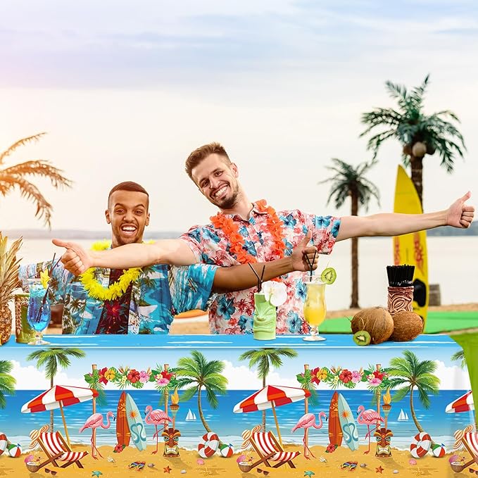 1 Pack Summer Beach Plastic Tablecloth Party Decorations, Disposable Aloha Luau Hawaiian Tablecloth, Flamingo Surfboard Table Cover for Summer Beach Pool Hawaiian Theme Party Decorations, 54 x 108Inch