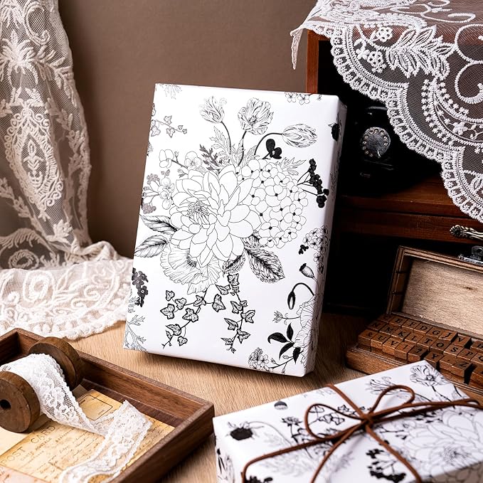 WRAPAHOLIC Floral Wrapping Paper - Mini Roll - 17 Inch X 33 Feet - Pearlized White Vintage Floral Wedding Wrapping Paper for Birthday, Bridal Shower, Baby Shower