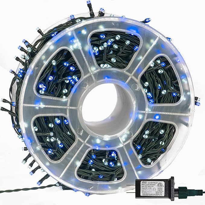FUNPENY 164FT 500 LED Hanukkah String Lights, 8 Modes Waterproof Plug in Indoor Outdoor Green Wire Light for Jewish Judaism Passover Rosh Christmas Party Decor, Blue & White