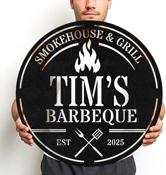Custom BBQ Metal Sign Personalized Grill Name Wall Art for Outdoor Kitchen Patio Backyard Decor Fathers Gift for Dad Grandpa Husband Barbecue Smoker Area Sign, Grilling Lover Gifts 64
