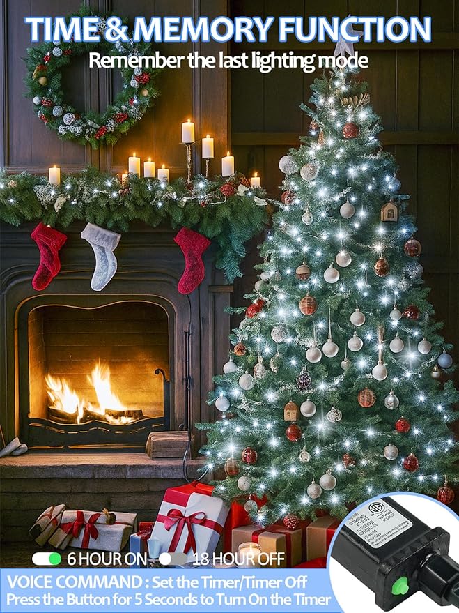 Voice Controlled Smart Christmas Lights Outdoor, 108.8ft 300 LED Twinkle String Light with 7 Voice Commands, 12 Modes & Timer, Dimmable Waterproof Christmas Tree Lights for Party Garden (Cool White)