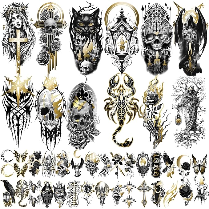 42 Sheets Metallic Gothic Temporary Tattoo for Women Men, 12 Half Arm Golden Skull Cat Floral Fake Tattoos, 30 Black Glitter Rose Butterfly Spider Halloween Tiny Adult Kid Body Tattoos Stickers