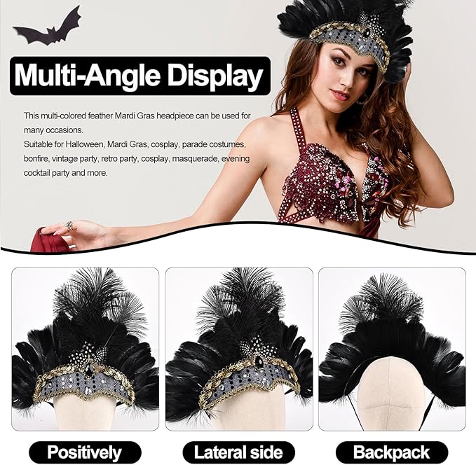Women's Carnival Feather Headpieces Sequin Headdress for Wedding Masquerade Party Cosplay Feather Headbands