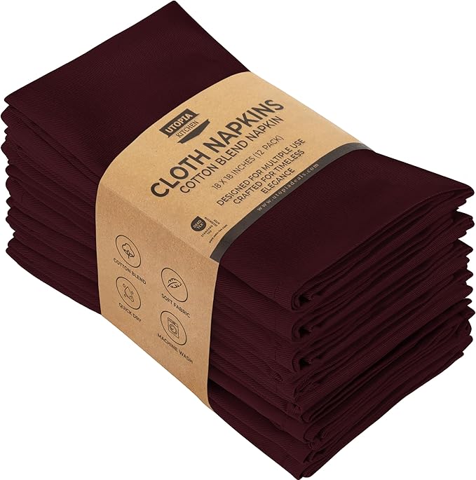 Utopia Kitchen Burgundy Cloth Napkins [12 Pack, 18x18 Inch] Absorbent Cotton Blend Washable and Reusable for Dinner, Restaurant, Lunch, Wedding and Hotel