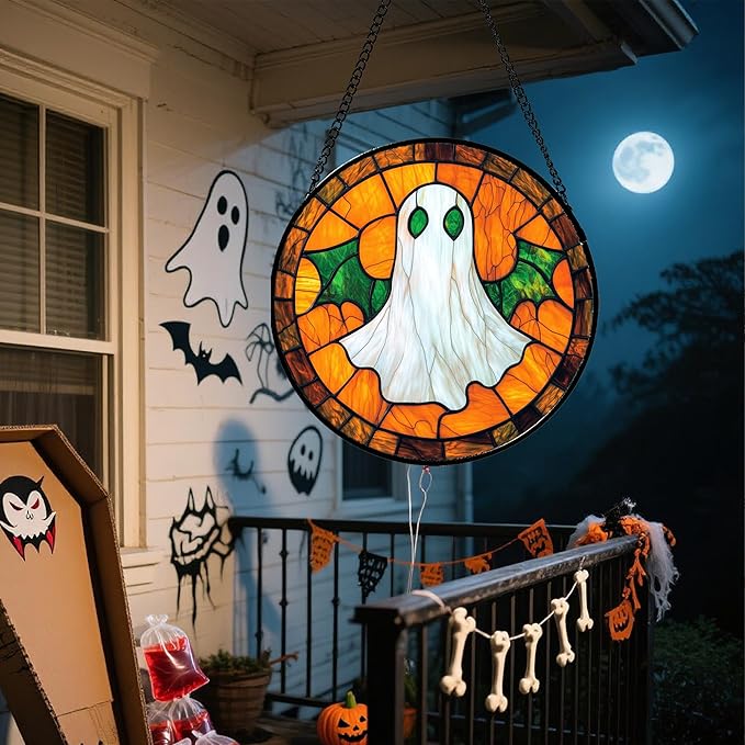 Stained Glass Window Hanging - Halloween Decorations Bat Wings Ghost Suncatcher for Doors Garden Indoor Spooky Funny Sun Catchers Gothic Decor Horror Gifts for Women Men Friend 9.8 in