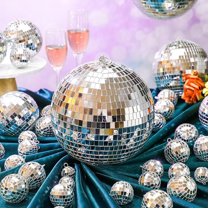 65 Pcs Disco Balls Decorations Assorted Size Disco Ball Ornament Reflective Hanging Mirror Ball Mini Large Silver Balls for Christmas Party Wedding Dance Ballroom Stage(8/6/ 4/2/ 1.2 in)