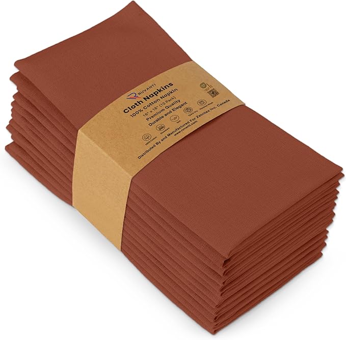 Ruvanti Premium Cloth Napkins Set of 12, 18x18 Inches, 100% Cotton, Washable, Soft & Absorbent, Perfect for Wedding, Christmas, ‎Thanksgiving Dinners - Rust