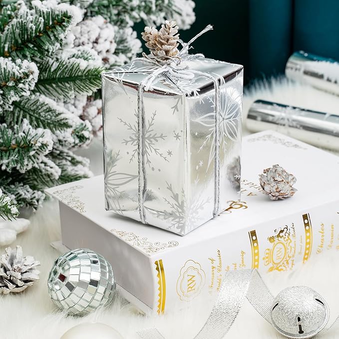 MAYPLUSS Christmas Wrapping Paper Roll - Mini Roll - 17 inch X 120 inch Per roll - Silver Bear, Snowflkes with Glitter Gold Foil Design(42.3 sq.ft.ttl)