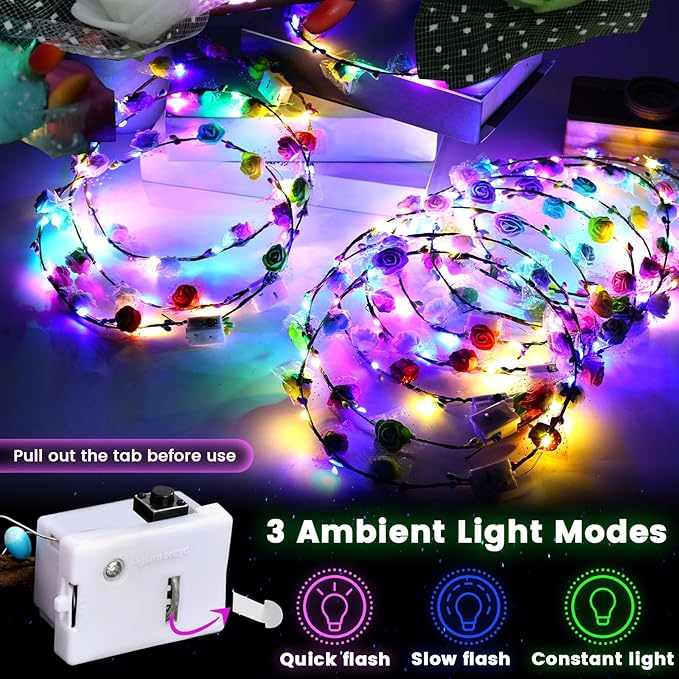 LovesTown 24PCS LED Flower Crowns Headbands Christmas Party, Light Up Flower Crowns For Women, Glow in the Dark Party Supplies for New Year Raves Birthday Wedding Favors Cosplay