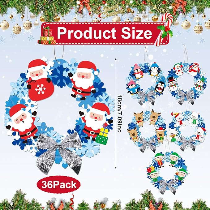 Yexiya 36 Pack Winter Wreath Craft Kits for Kids DIY Christmas Snowflake Wreath Hanging Ornaments Blue White Make Your Own Snowman Santa for Winter Xmas Party Favors Activities Decoration