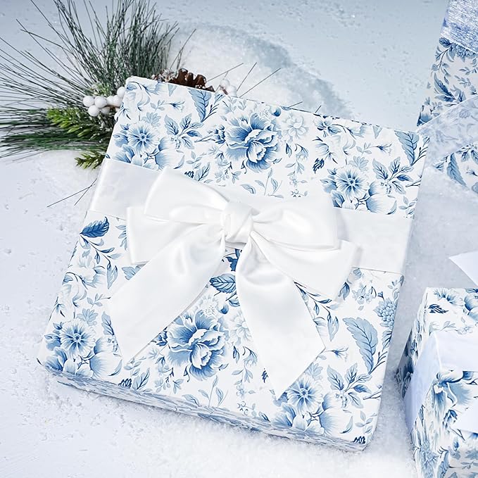BIOBROWN Floral Wrapping Paper Jumbo Roll - 30 Inch X 33 Feet (82.5 sq. ft. ttl.) Blue White Peony Design Chinoiserie Gift Wrap Stone Paper for Wedding, Bridal Shower, Mother's Day