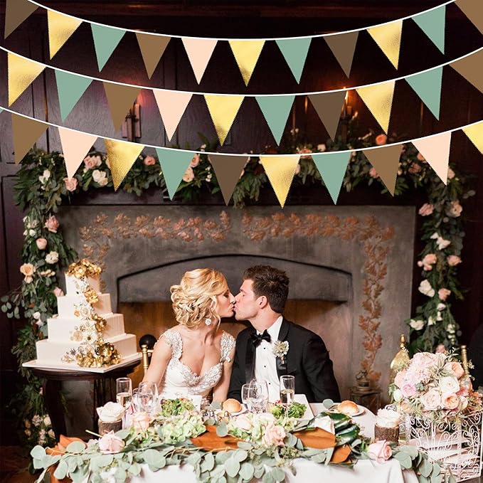 32Ft Sage Green Brown Party Decorations Gold Green Brown Triangle Flag Fabric Banner Pennant Bunting Garland Streamer for Jungle Safari Wild Woodland Dinosaur Birthday Wedding Baby Shower Party Decor