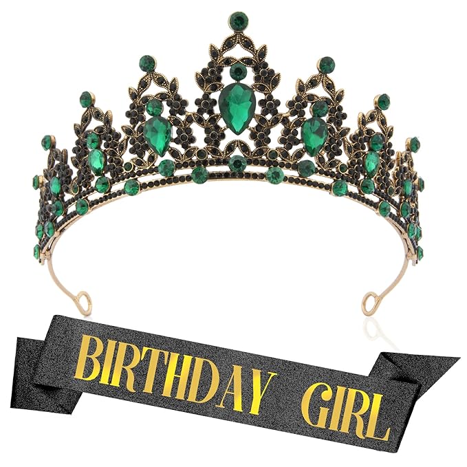 Crown Gold Birthday Hairbands for Women: Baroque Style, Alloy Metal, Rhinestone, Black+Green, Women's, Women celebrating special occasions