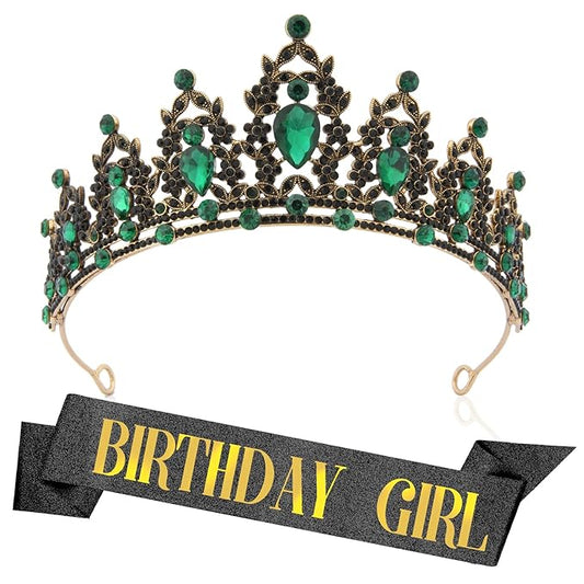 Crown Gold Birthday Hairbands for Women: Baroque Style, Alloy Metal, Rhinestone, Black+Green, Women's, Women celebrating special occasions