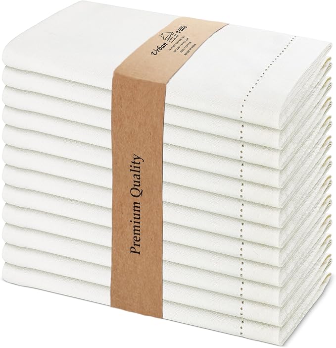 Urban Villa Cloth Napkins Ivory Hemstitch Dinner Napkins Set of 12 20X20 Inches 100% Cotton Absorbent Washable Durable Reusable Ideal for Farmhouse Party Thanksgiving Harvest Fall Dinner Napkins