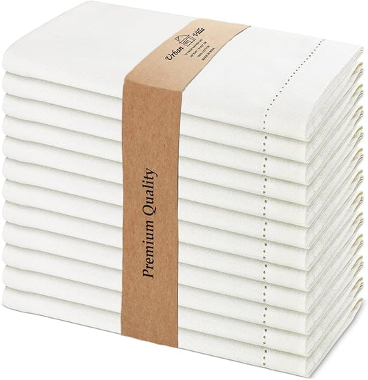 Urban Villa Cloth Napkins Ivory Hemstitch Dinner Napkins Set of 12 20X20 Inches 100% Cotton Absorbent Washable Durable Reusable Ideal for Farmhouse Party Thanksgiving Harvest Fall Dinner Napkins