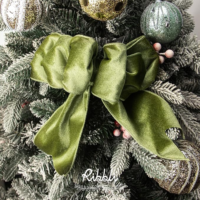 Ribbli Olive Green Velvet Wired Ribbon 4 Inch Velvet with Satin Christmas Ribbon for Gift Wrapping Christmas Tree Decoration Crafts Wreaths Supplies-Continuous 10 Yards