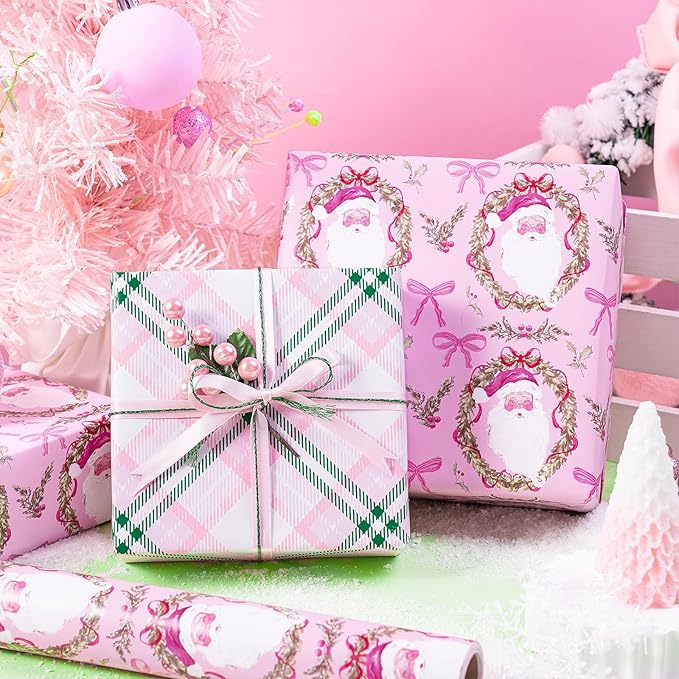 RUSPEPA 30" X 32.8' Reversible Christmas Wrapping Large Paper Roll, Jumbo Roll, Pink Santa Claus, Floral Wreath, Bow Design, Green Pink Plaid Gift Wrap for Girls, Kids, Family, Xmas Holiday Gifts