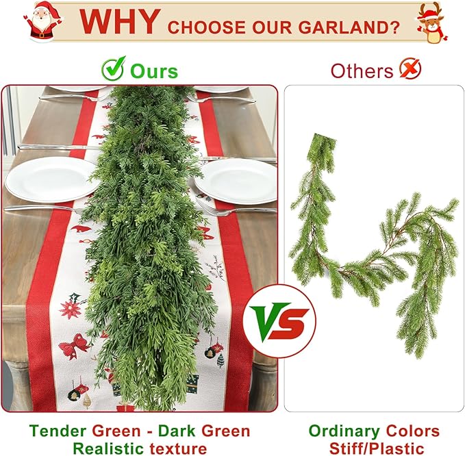 6 Ft Real Touch Christmas Garland,Thick and Lush，Soft Bendable, Lifelike Cedar Garland Realistic, Garlands for Decoration Christmas，Christmas Garland for Mantle,Outdoor Indoor Christmas Decorations