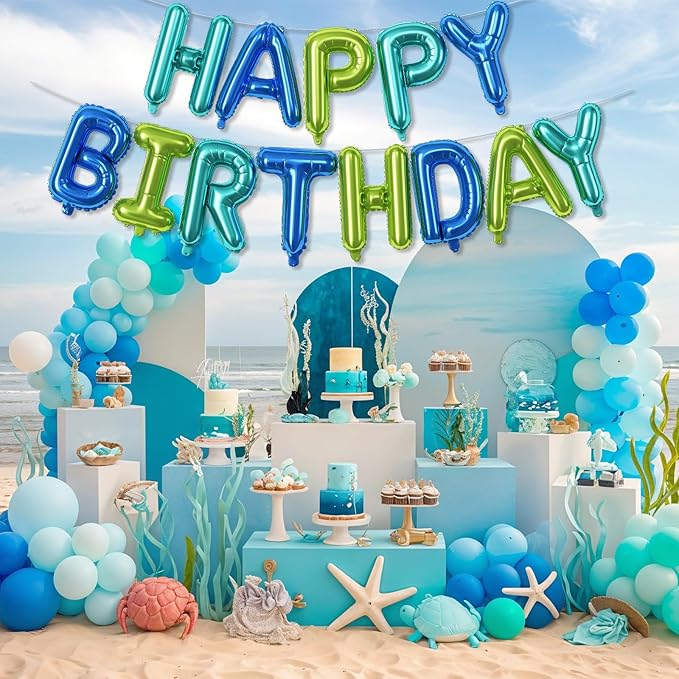 Blue and Green Happy Birthday Balloon Banner, 16 Inch Teal Blue and Lime Green Happy Birthday Bunting Banner Letter Foil Balloons for Boys Ocean Under the Sea Theme Birthday Party Decorations Supplies