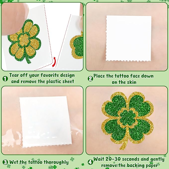 Glitter St Patricks Day Tattoos, 25 Styles Saint Patricks Day Green Gold Shamrock Tattoos with Lucky Clover, Temporary Face Stickers for St Patricks Day Accessories Party Favors