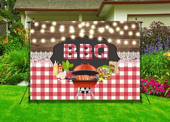 CORFOTO 10x6.5ft BBQ Family Party Backdrop Brown Wooden Board String Lights Lace Barbecue in The Wild BBQ Theme Party Background Kids Adult Bridal Shower Summer Park Decorations Cake Table Banner