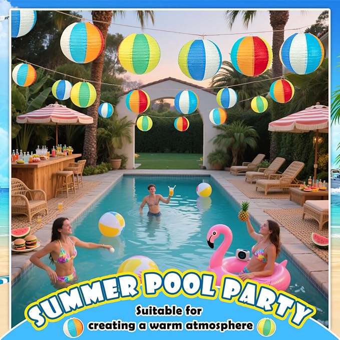 10Pcs 8" Pool Party Decorations Summer Decorations Beach Themed Decor Hanging Colored Paper Lanterns for Classroom Luau Birthday Home Room Office (8inch)