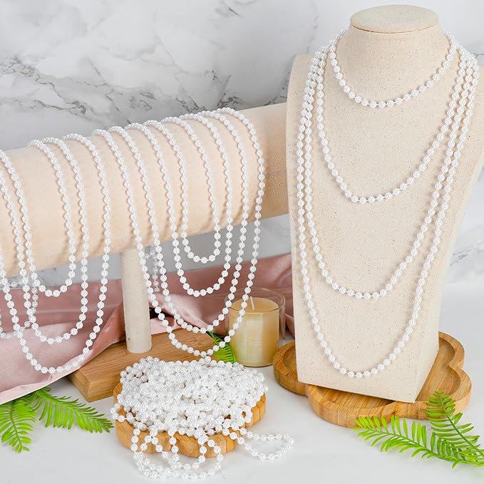 24 PCS White Mardi Gras Beads Necklace Bulk, 33" Round Beads Costume Necklaces for Parade Throws, Holiday Costume Bulk for Carnival Wedding Birthday Decorations