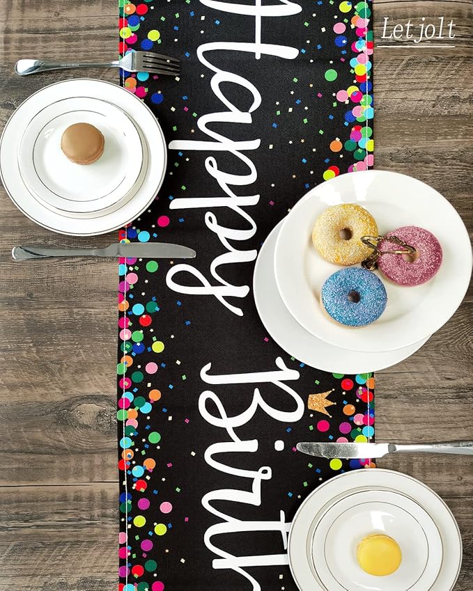 Letjolt Happy Birthday Table Runner 72 Inches Birthday Centerpieces for Tables Birth Day Party Sign Polka Dots Table Decoration, Black