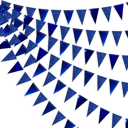 30 Ft Royal Blue Party Decorations Navy Blue Metallic Glitter Paper Triangle Banner Flag Garland Pennant Bunting for Graduation Birthday Wedding Bridal Shower Ahoy Achor Nautical Theme Party Supplies