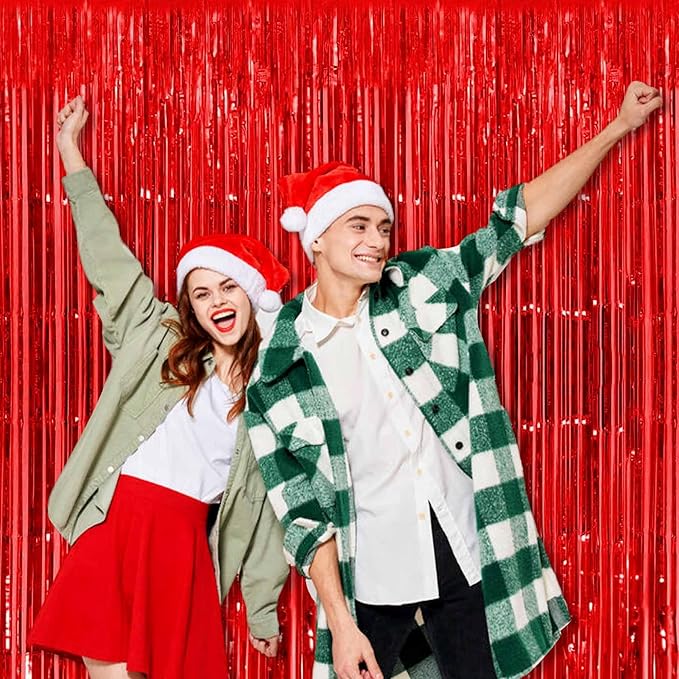 3 Pack Red Foil Fringe Curtains Backdrop, 3.28 x 6.6 Ft Metallic Streamers Tinsel Curtains Background for Photo Booth, Birthday, Halloween, Christmas, Thanksgiving, New Year Party Decorations