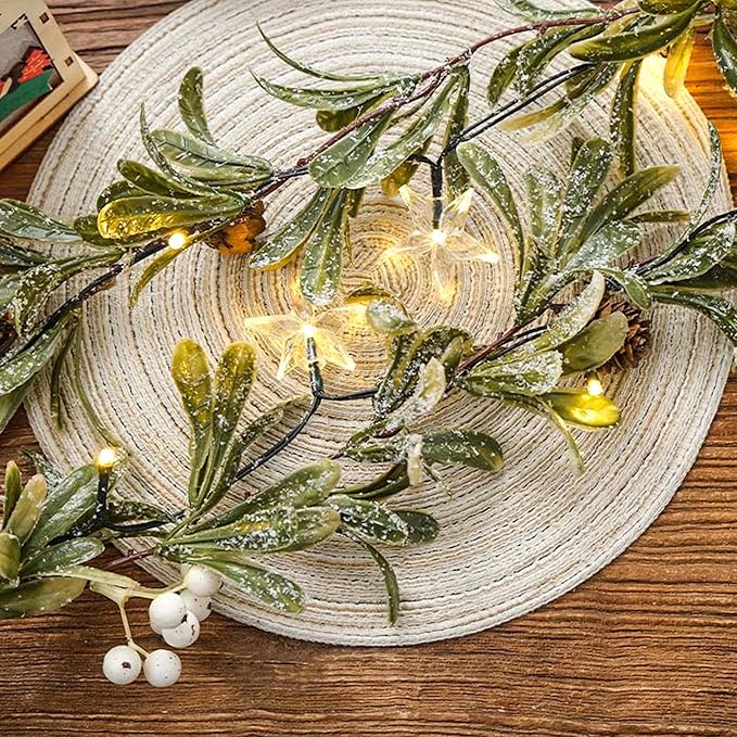 9FT Olive Greenery Garland, Pre-lit Christmas Garland Battery Operated with Timer, Faux Artificial Snowy Pine Garland for Mantle Holiday Winter Party Table Decor
