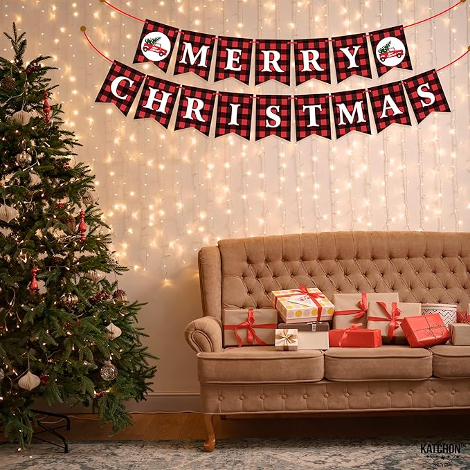 KatchOn, Merry Christmas Banner for Mantle- Large, 10 Feet, No DIY | Red and Black Christmas Fireplace Banner | Buffalo Plaid Christmas Decorations | Merry Christmas Sign | Christmas Party Decorations