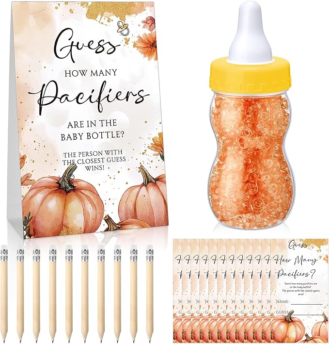 Roowest 512 Pcs Baby Shower Games Guess How Many Pacifiers Sign 100 Small Guessing Games 10 HB Pencils 750ml Milk Bottle 400 Acrylic Pacifiers Decoration for Guest Gender Reveal(Pink,Pumpkin)