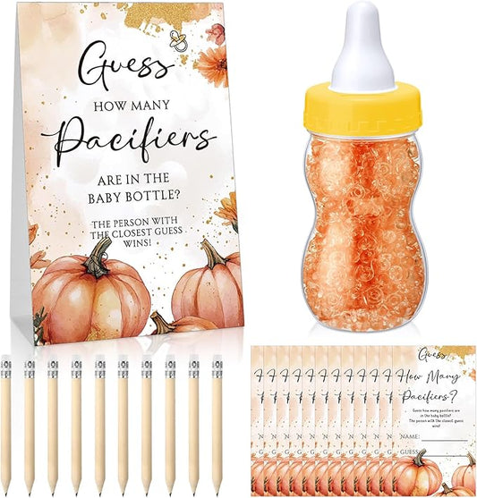 Roowest 512 Pcs Baby Shower Games Guess How Many Pacifiers Sign 100 Small Guessing Games 10 HB Pencils 750ml Milk Bottle 400 Acrylic Pacifiers Decoration for Guest Gender Reveal(Pink,Pumpkin)