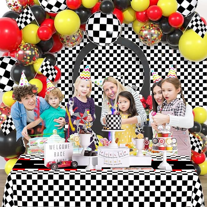 WNINK 3 PCS Racing Car Theme Tablecloths Car Disposable Plastic Tablecloths Black Checkered Flag Table Covers Racetrack Rectangular Tablecloth for Race Car Birthday Party Decorations, 54 x 108 Inch