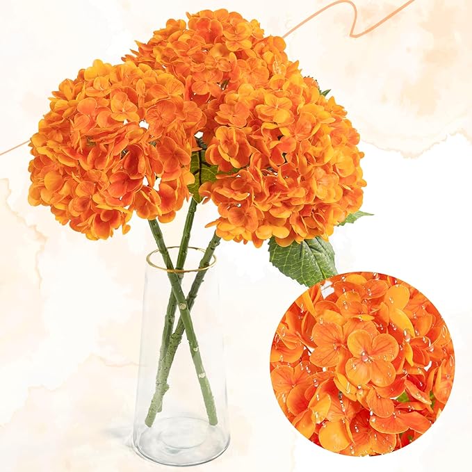 BonBloom's Fall Decor,3 Pcs Orange Hydrangea Artificial Flowers Latex Real Touch Faux Hydrangeas Lifelike Fake Hydrangea Flowers for Wedding Bouquet Party Table Centerpieces Outdoor Home Decor