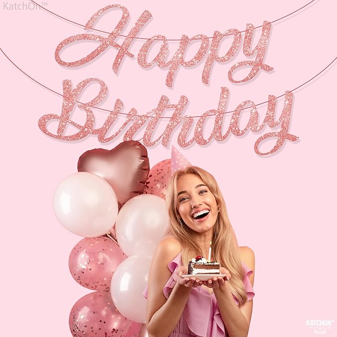 KatchOn, Glitter Rose Gold Happy Birthday Banner - Pre-Strung No DIY, 10 Feet | Happy Birthday Sign | Rose Gold Birthday Decorations | Bday Banner for Women | Happy Birthday Decorations