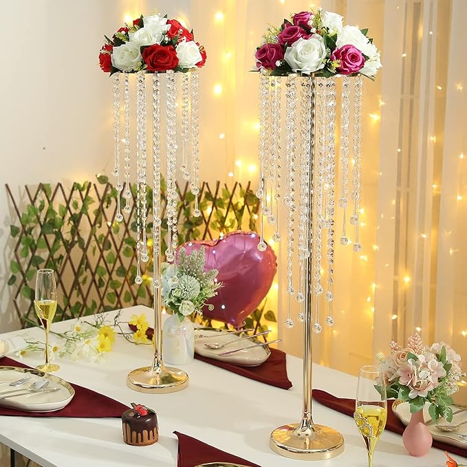 10 Pcs Tall Elegant Wedding Centerpiece Stand, Metal Flower Candle Holder with Chandelier Crystal, 29.5inch Gold Flower Vase,for Wedding Party Birthday Christmas Home Décor