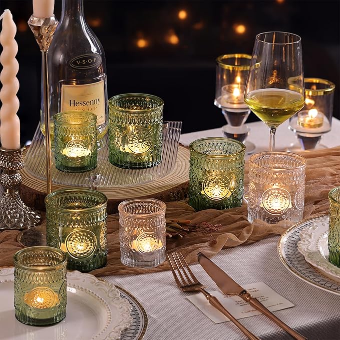 Volens 20pcs Assorted Green Votive Candle Holders Bulk, Large Glass Votive & Tea Light Candle Holder for Wedding Table Centerpieces, Green Party Decorations, and Home Decor