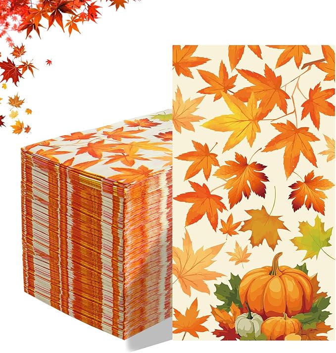 Thanksgiving Napkins Disposable 100 Pcs Thanksgiving Paper Napkins Decorative Falls Leaves Cocktail Napkins Autumn Fall Paper Napkins Guest Hand Towels for Thanksgivings Autumn Harvest Party Supplies