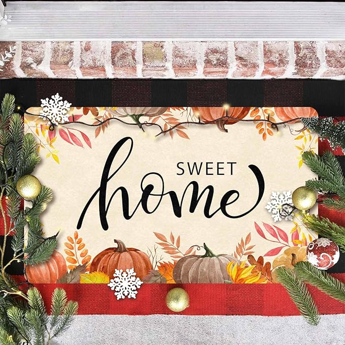 InterestPrint Thanksgiving Fall Door Mat Hello Fall Doormat Welcome Mat Front Outdoor Autumn Harvest Vintage Doormats for Autumn Halloween Thanksgiving Farmhouse Decor, 24"x16"inch